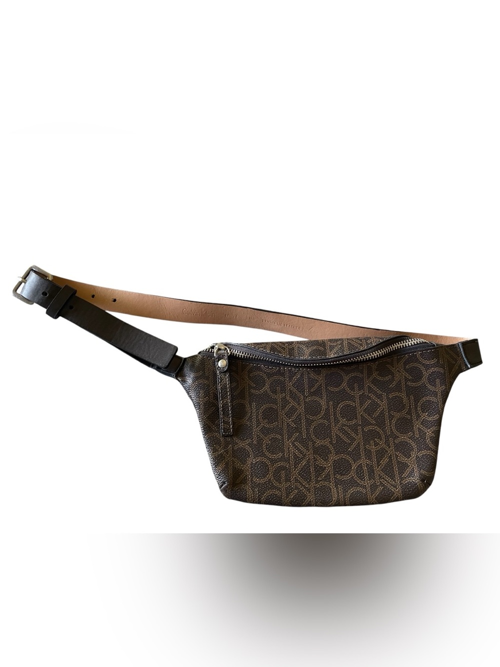Calvin Klein Brown Monogram Logo Belt Bag with Tan Strap